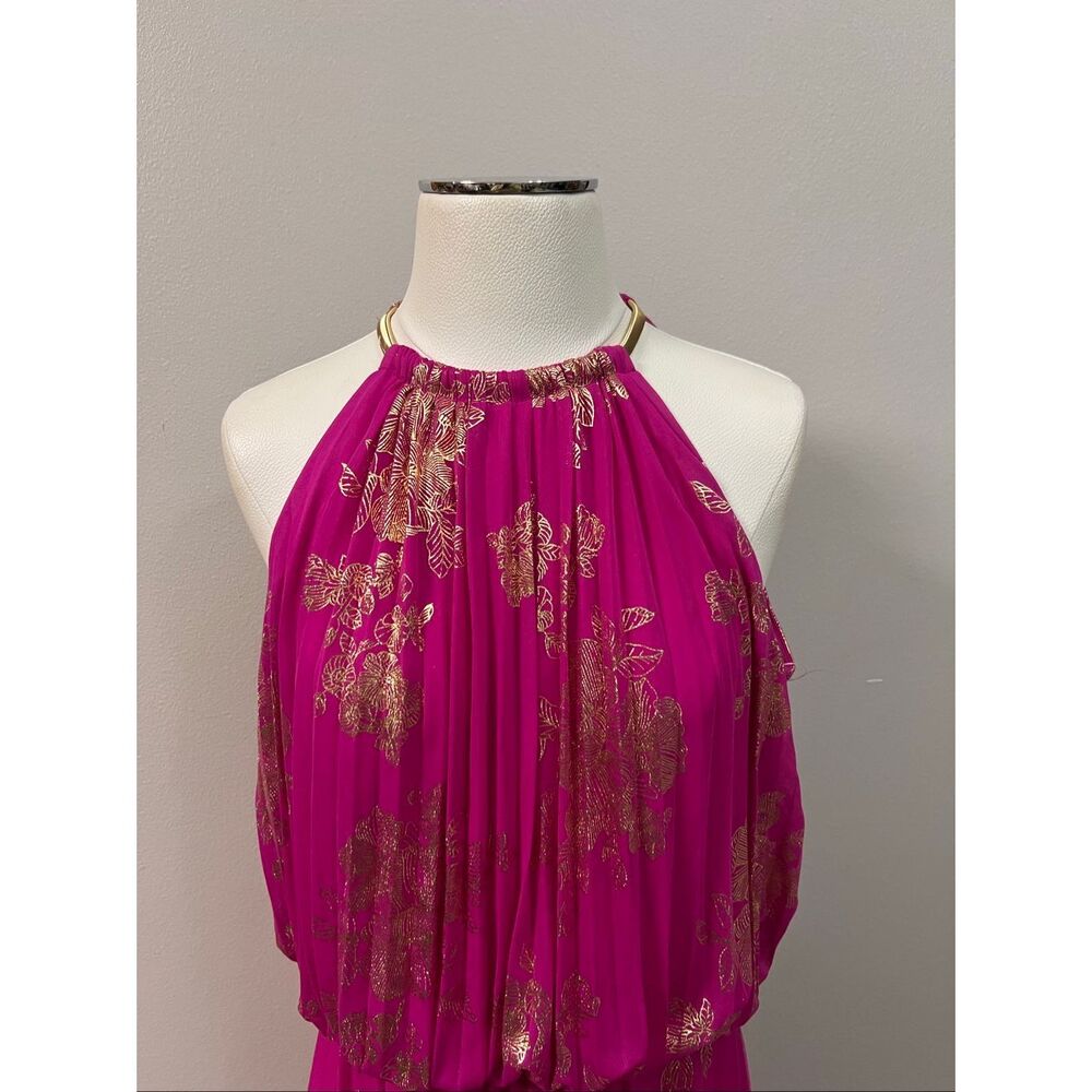 MSK Women's Embellishment Halter Neck Pleated Maxi Dress Fuchsia Gold Sz 12 NWT - Picture 2 of 7